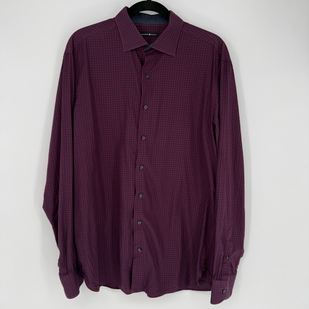 HAMMER MADE HOUNDSTOOTH LONG SLEEVE BUTTON DOWN SHIRT 42/16.5 BURGUNDY NAVY